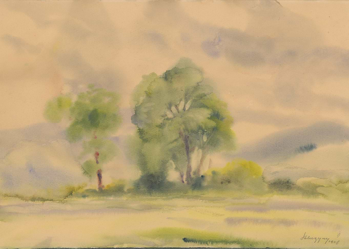 Watercolor Landscape with Trees and Sky