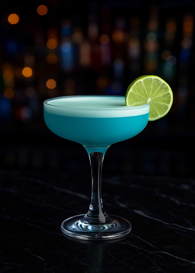 Blue Cocktail with Lime Garnish