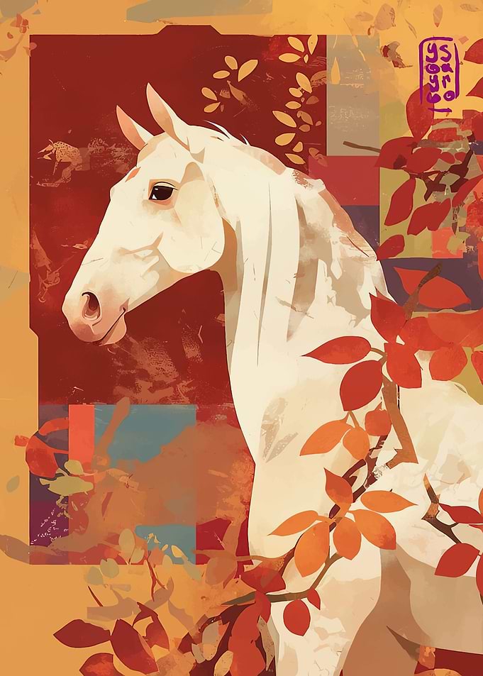 White Horse with Autumn Leaves Art