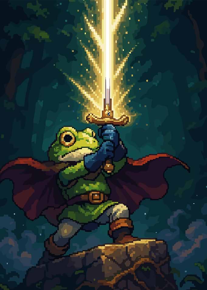 Frog Warrior with Glowing Sword Pixel Art