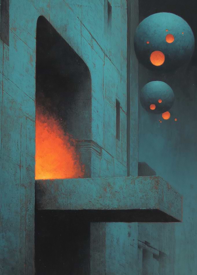 Abstract Architecture with Spheres and Fire