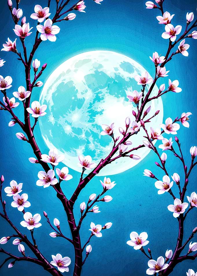 Cherry Blossoms Moonlit Night