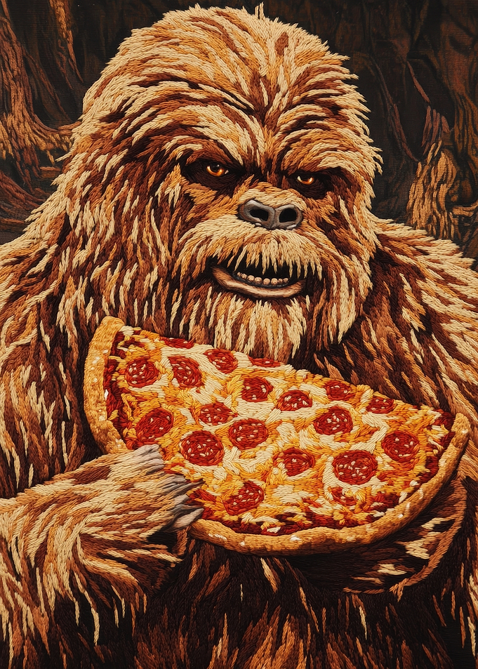 Bigfoot with Pizza Embroidery Art