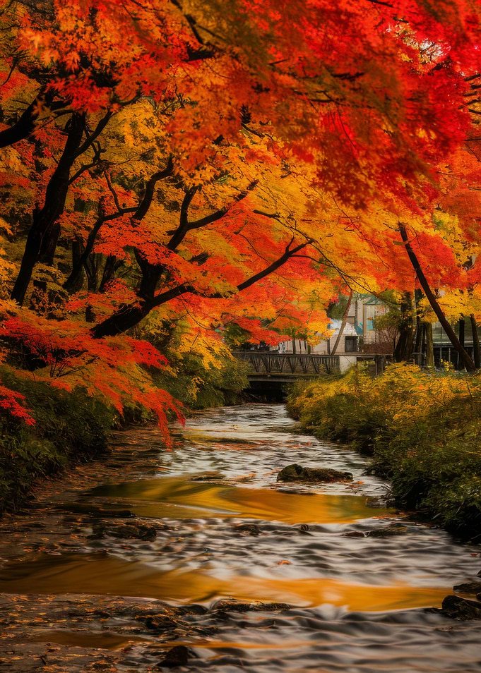 Autumn River Landscape with Red Leaves