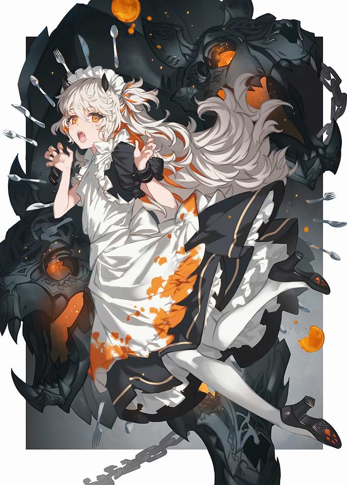 Anime Girl in Maid Outfit with Monster