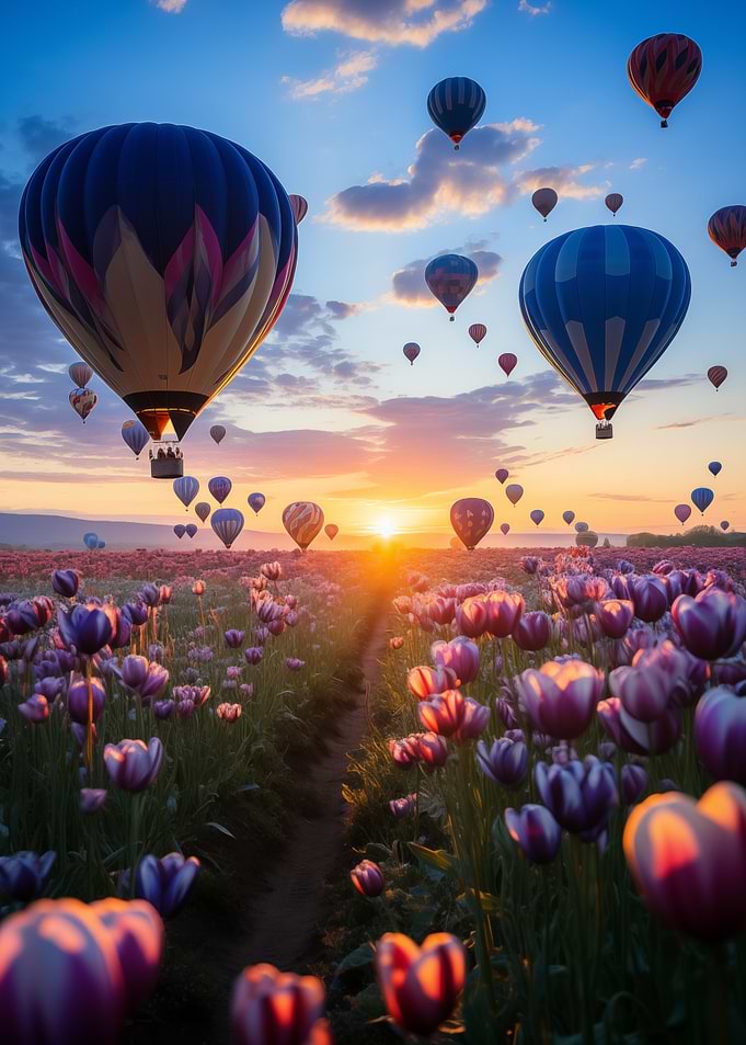 Hot Air Balloons Over Tulip Field