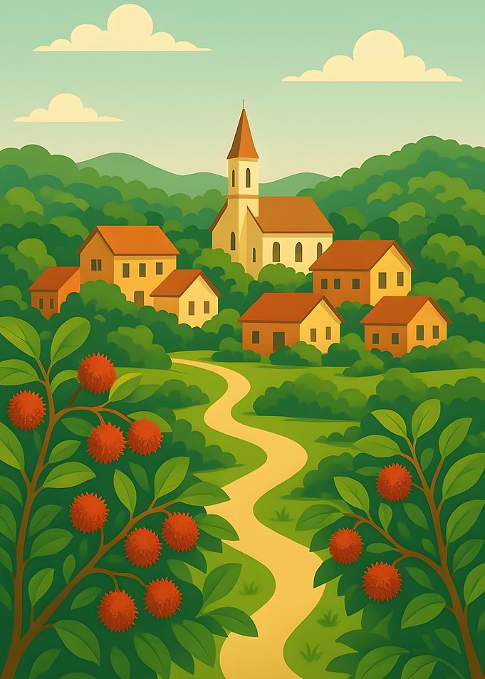 Idyllic Village Landscape with Rambutan Trees