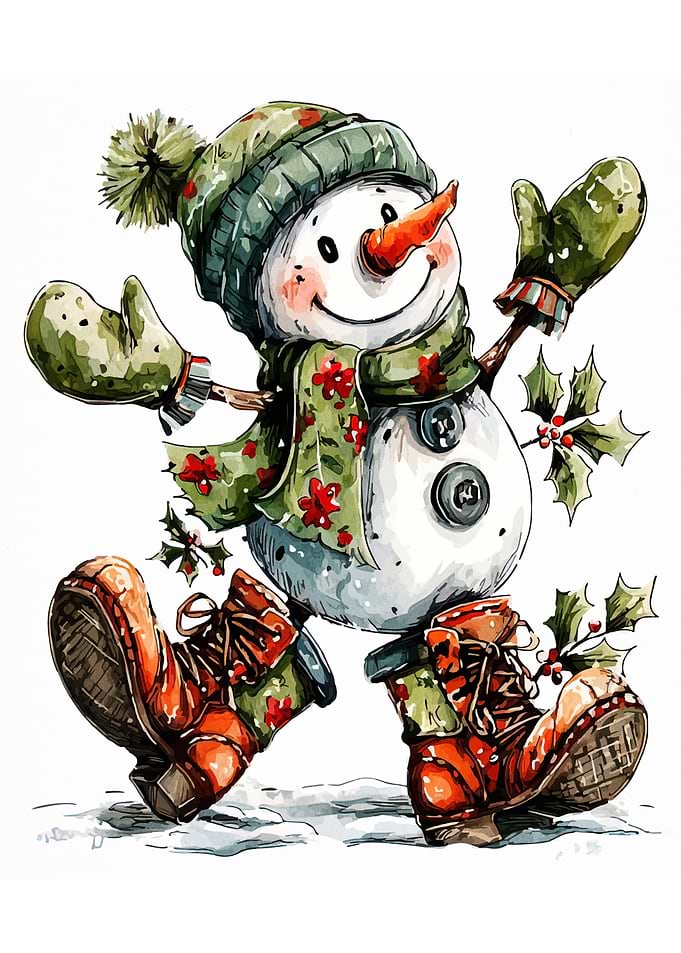 Watercolor Snowman with Boots and Hat