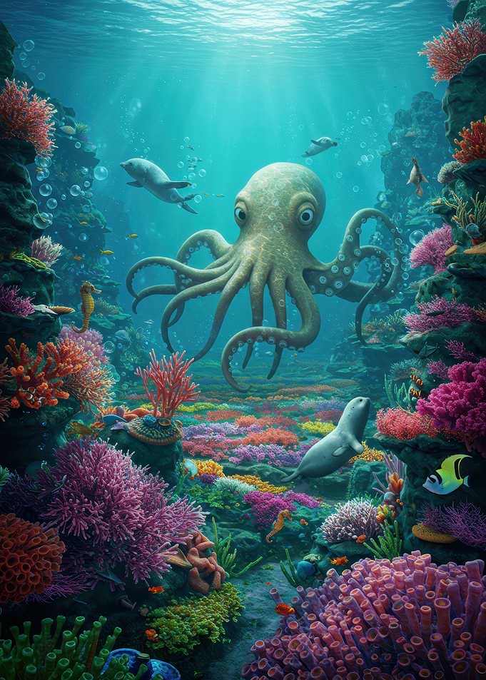 Underwater scene with octopus and seals