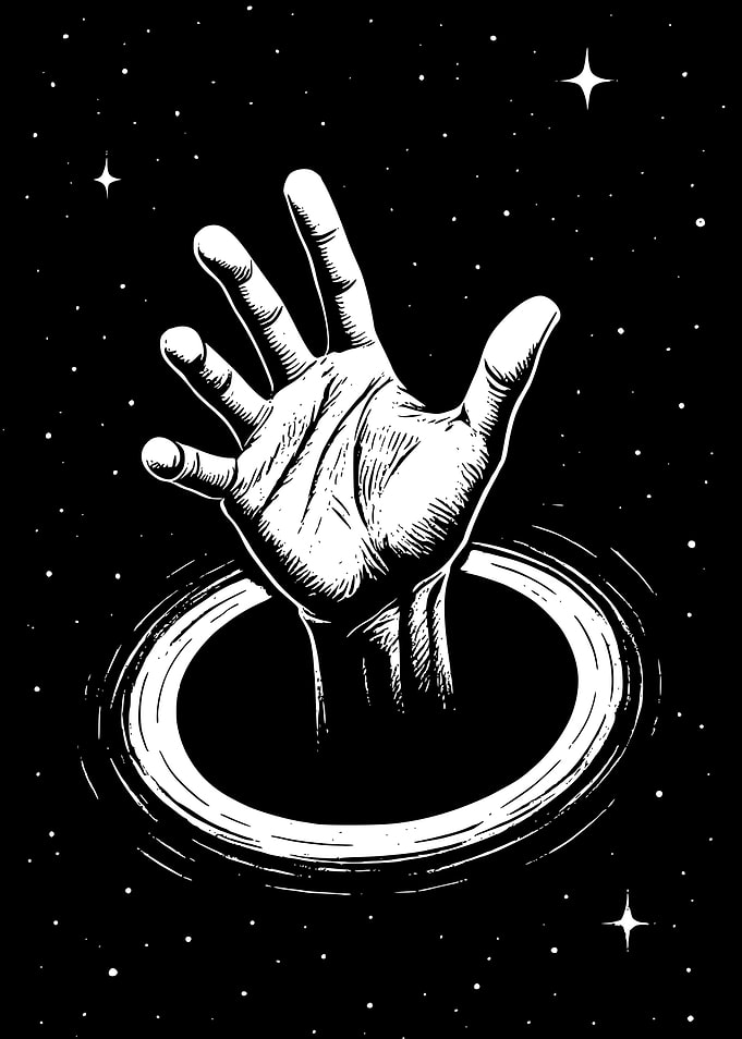 Hand emerging from a black hole Art