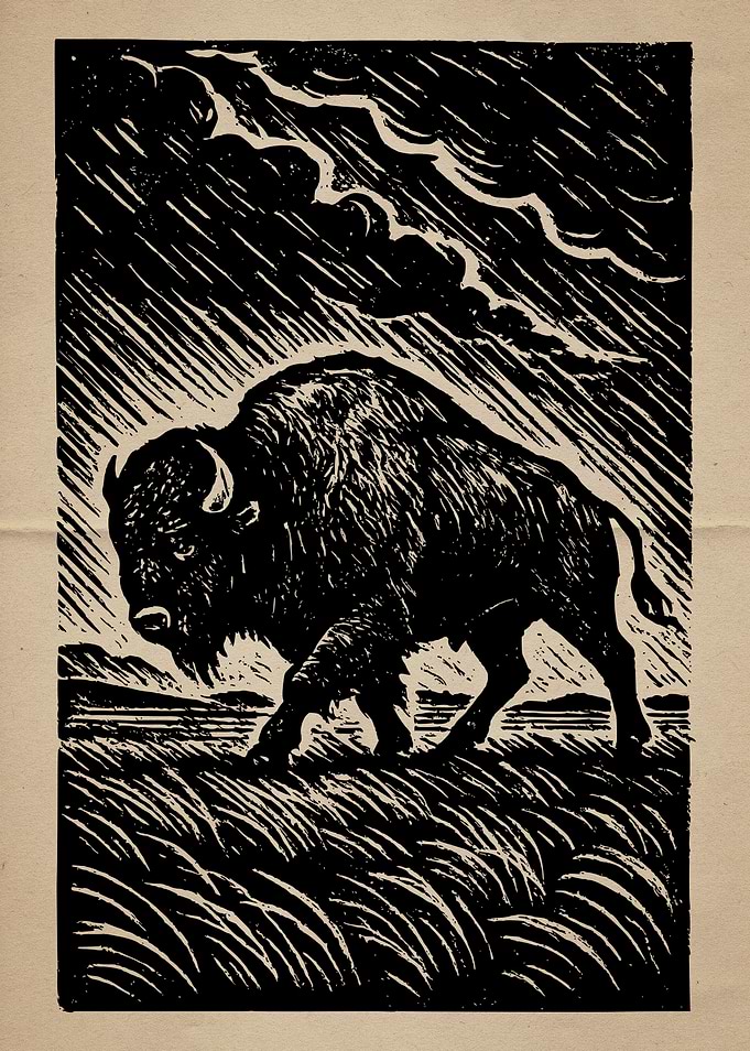 Black and White Bison Vintage Illustration