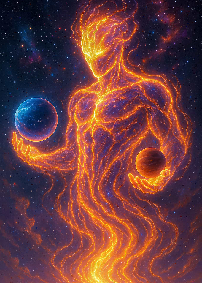 Fantasy Celestial Fire Being with Planets