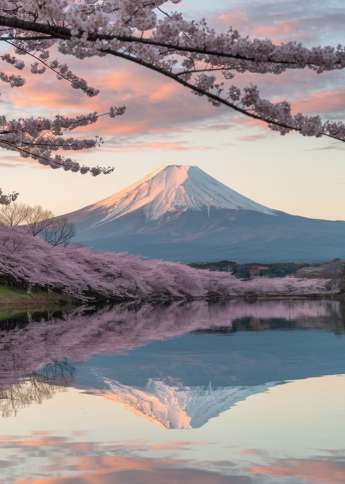 Mount Fuji and Cherry Blossoms Reflection