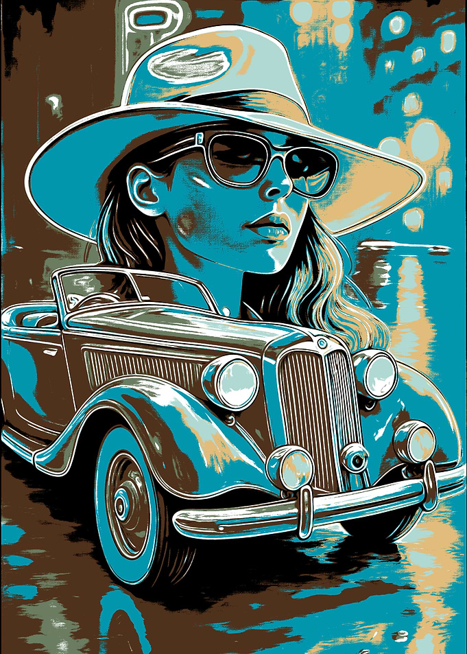 Vintage Car with Woman in Hat
