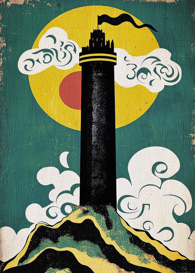 Tower on Hill with Moon and Clouds