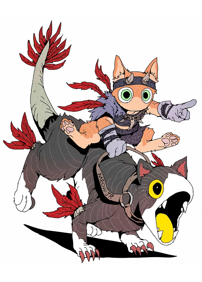 Cat Warrior Riding Cat-Dragon Creature
