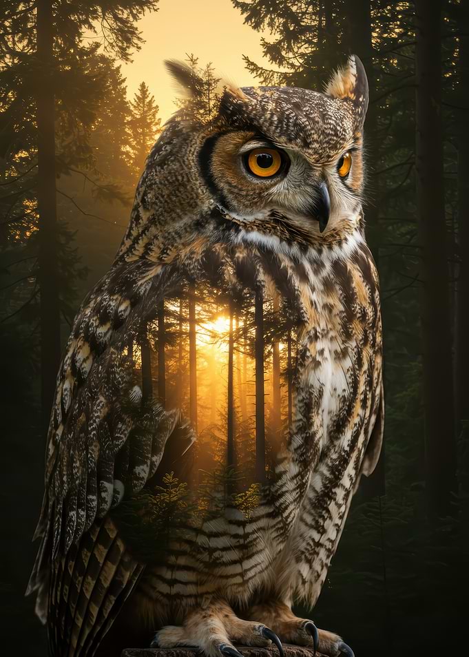 Owl and Forest Double Exposure