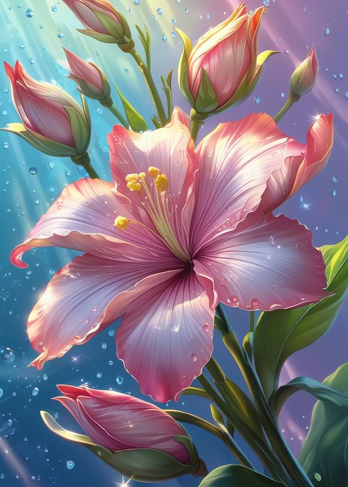 Pink Hibiscus Flower with Water Droplets