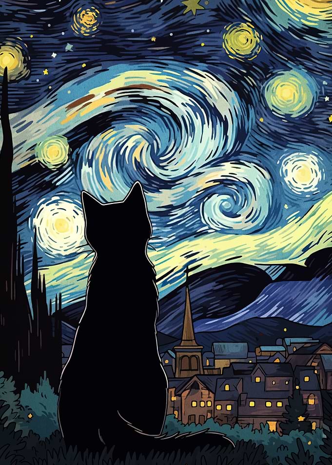Cat gazing at Starry Night