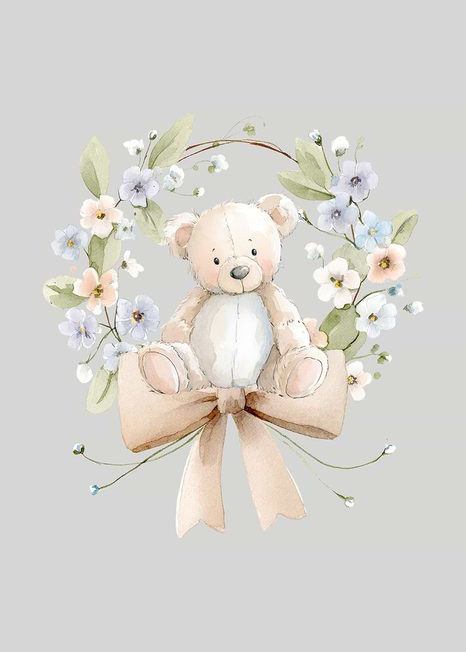 Watercolor Teddy Bear with Floral Wreath