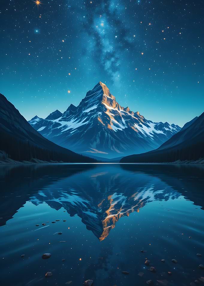 Mountain Reflection Under Starry Night Sky