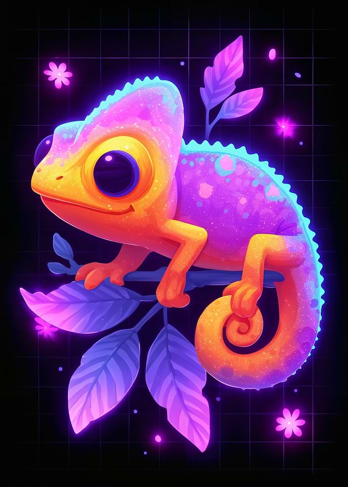 Colorful Chameleon on Branch with Flowers