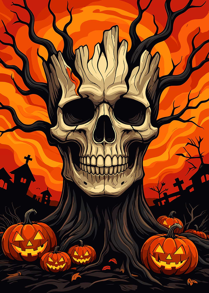 Halloween Skull Tree with Pumpkins