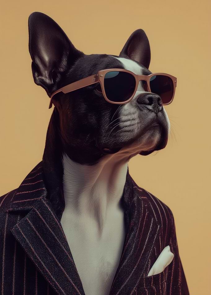 Dapper Boston Terrier Dog in Suit and Shades