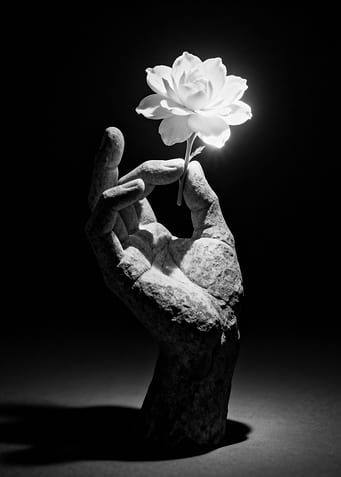 Stone Hand Holding White Flower