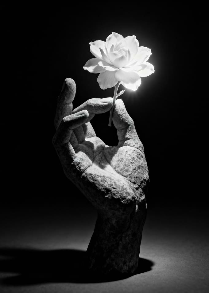 Stone Hand Holding White Flower