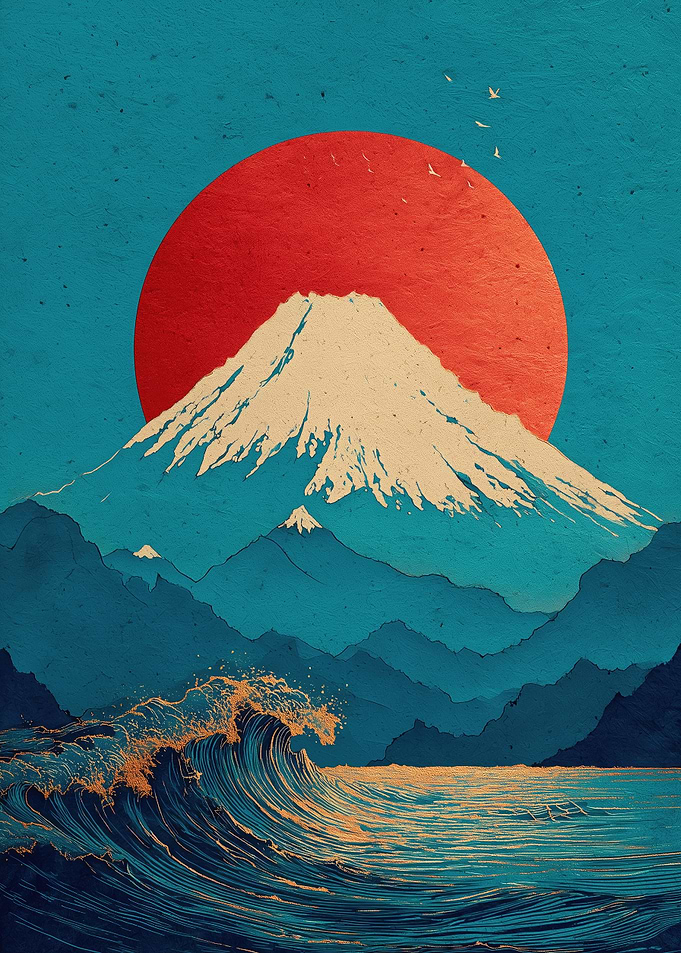Mount Fuji and Ocean Wave Art