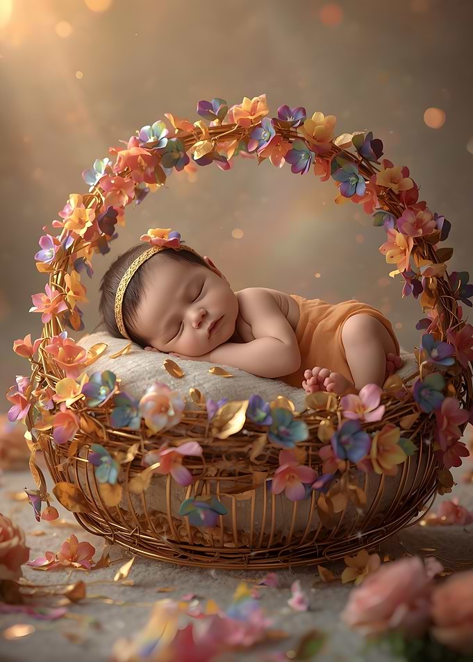 Sleeping Baby in Floral Basket
