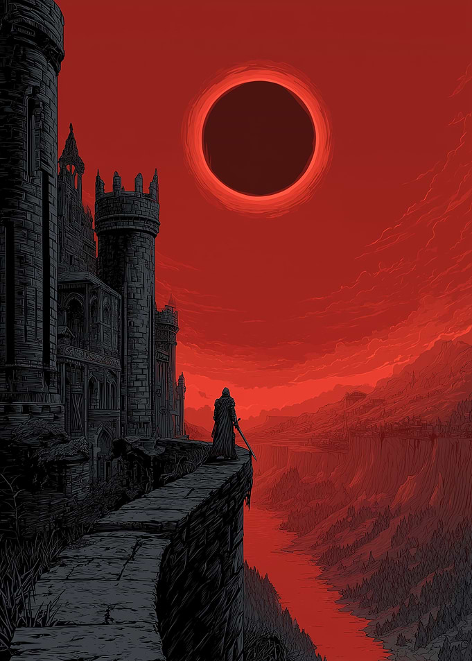 Dark Fantasy Landscape with Warrior and Eclipse