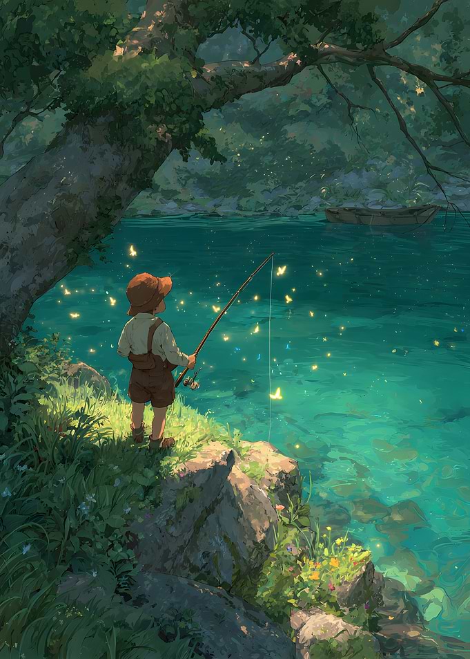 Boy Fishing by a Magical Lake
