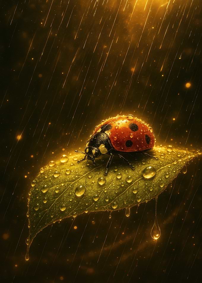 Ladybug on Leaf in Rain