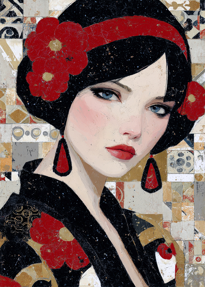 Elegant Woman with Red Flowers Painting