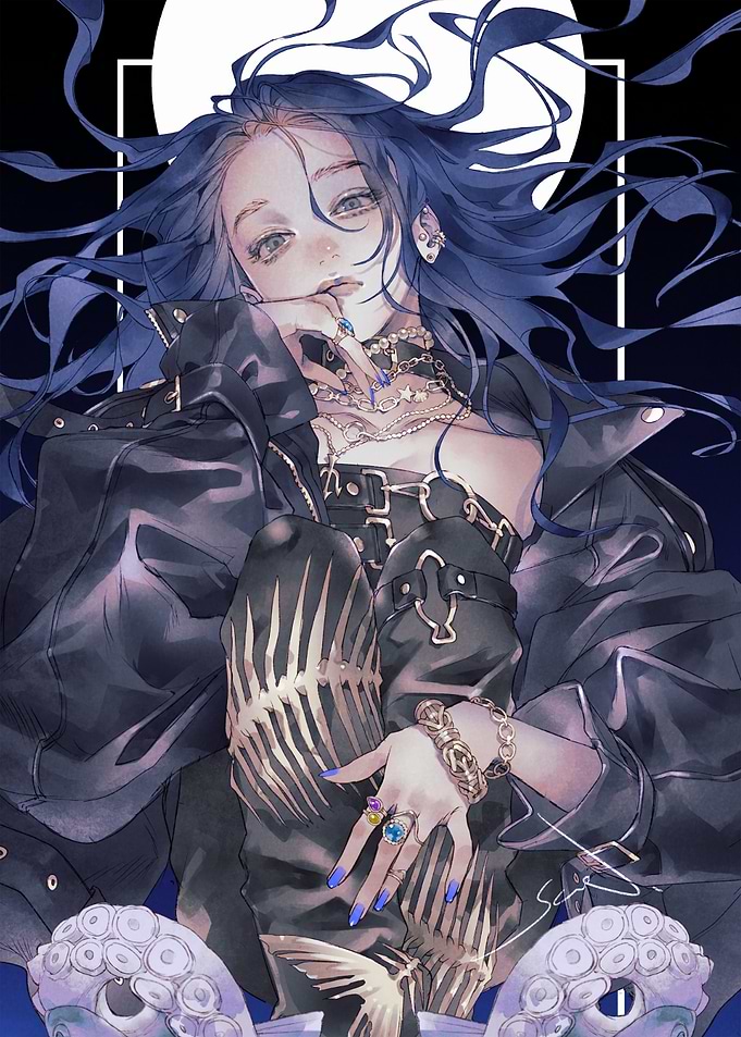 Stylish Woman with Octopus and Moon