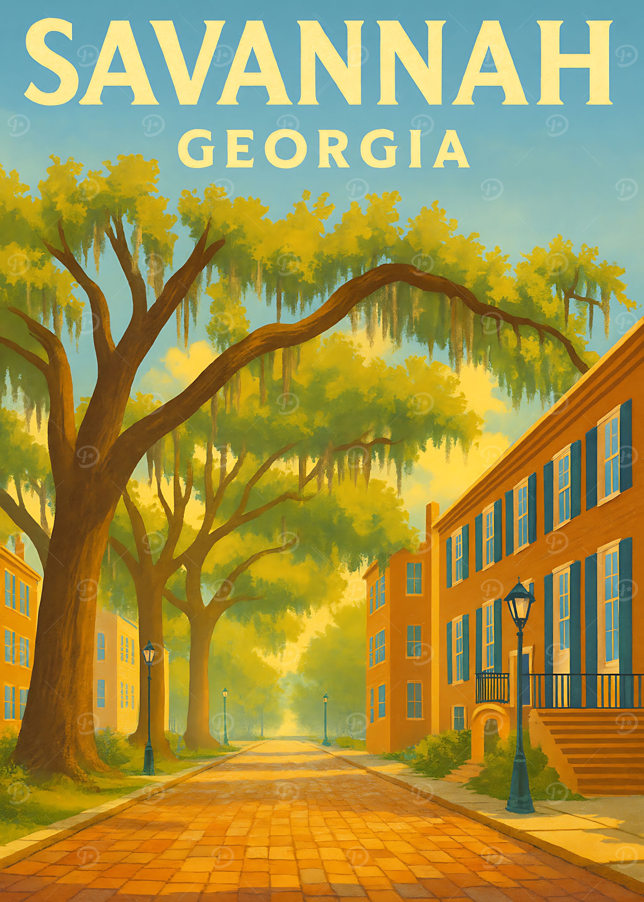 Savannah Georgia — Bright Vintage Travel Poster of Historic Streets