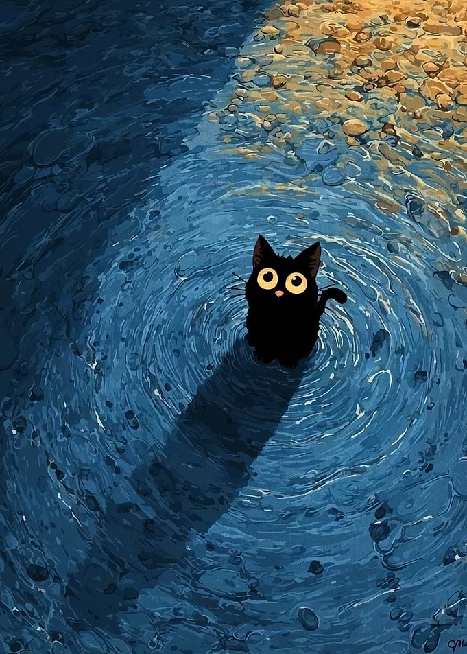 Black Cat in Water Illustration