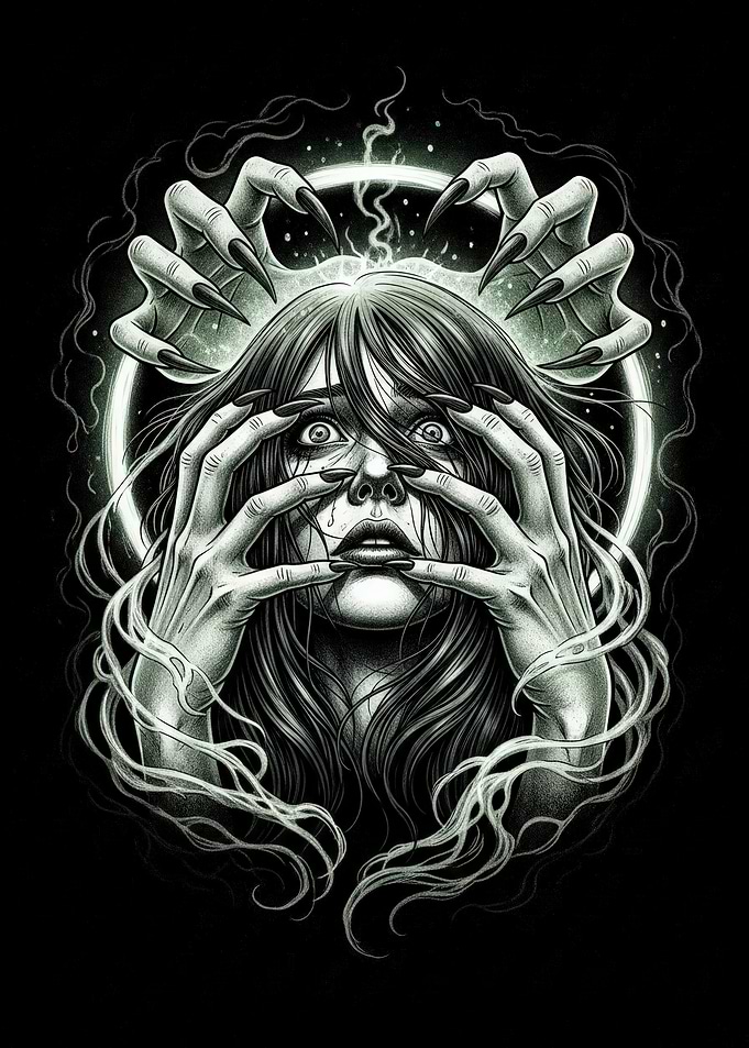 Distressed Woman with Clawed Hands