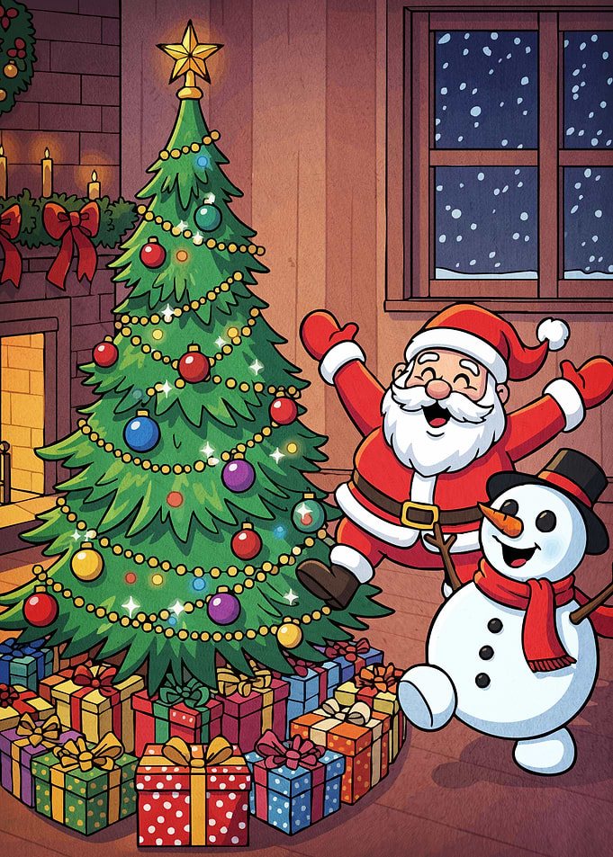 Christmas Scene Santa Snowman