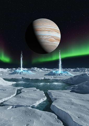 Jupiter over icy landscape with geysers