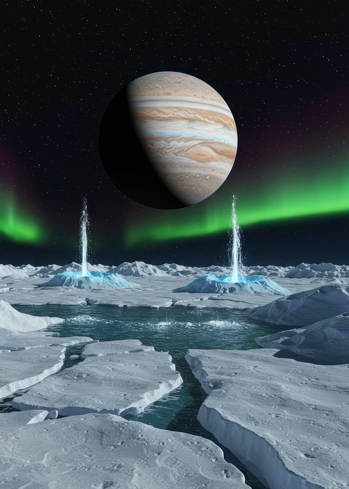 Jupiter over icy landscape with geysers