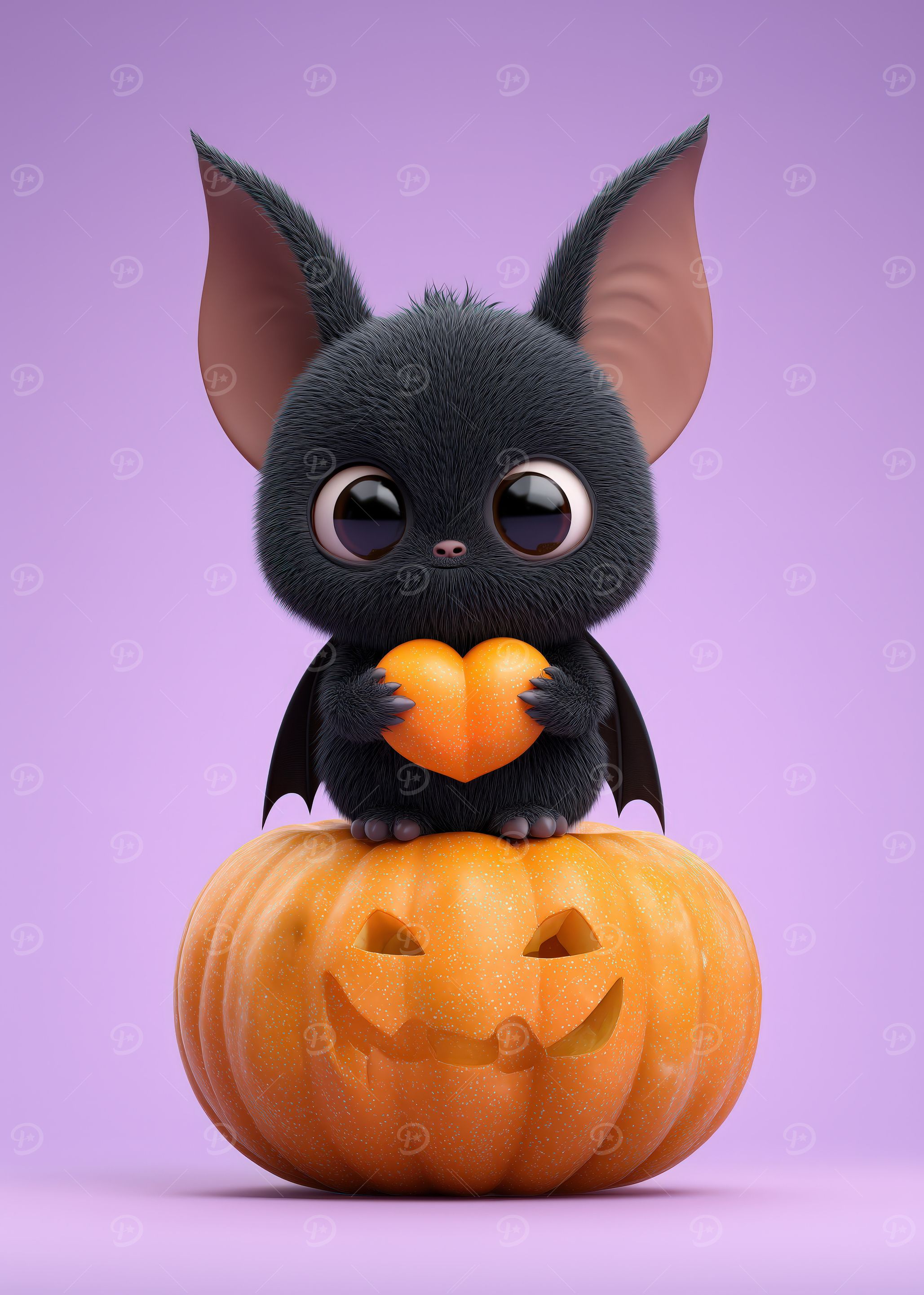 Cute Bat on Pumpkin with Heart