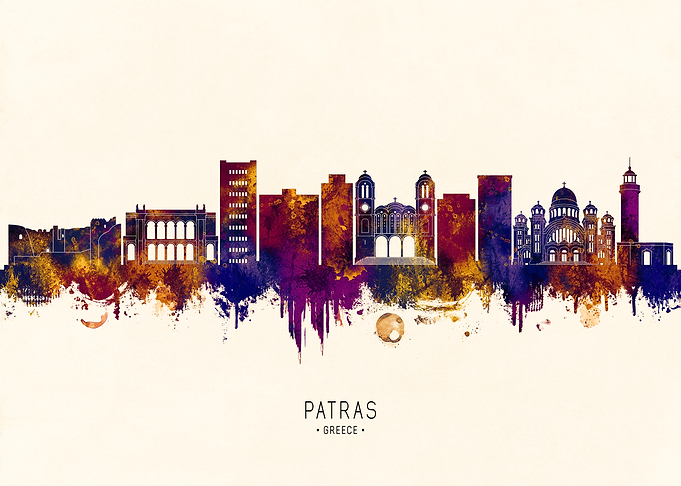 Patras, Greece Skyline Watercolor Silhouette