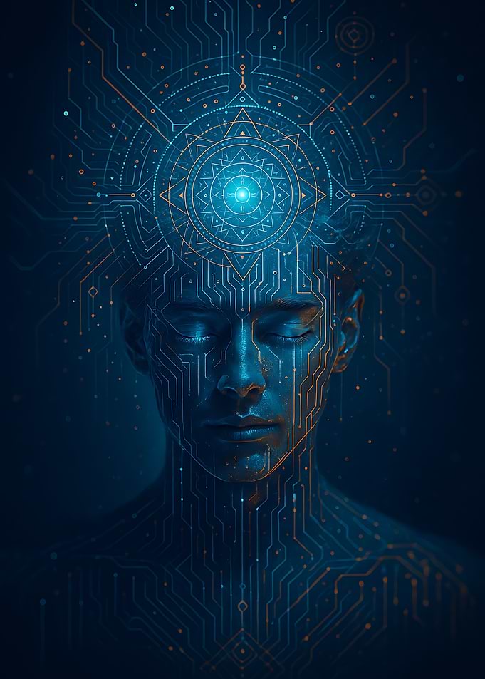 Cyber-Mystic Meditation with Glowing Third-Eye Circuit Mandala
