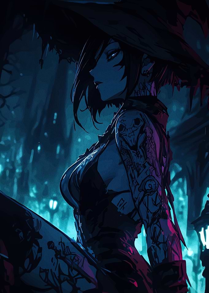 Anime Witch with Tattoos in Blue