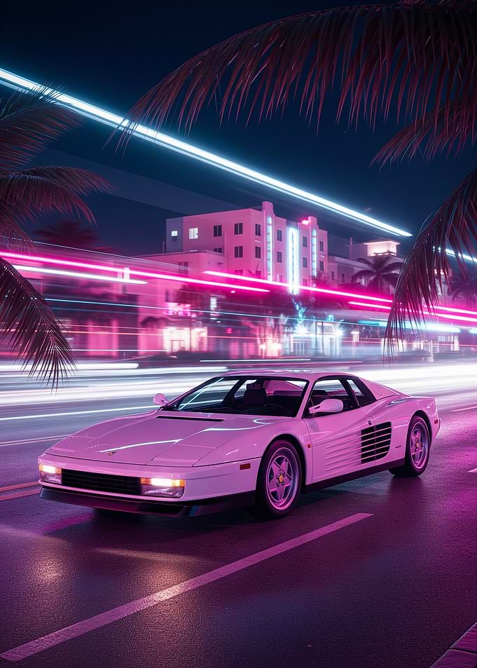 Ferrari Testarossa in Neon Miami Cityscape