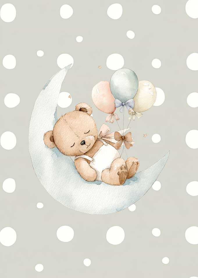 Sleeping Teddy Bear on Moon with Balloons
