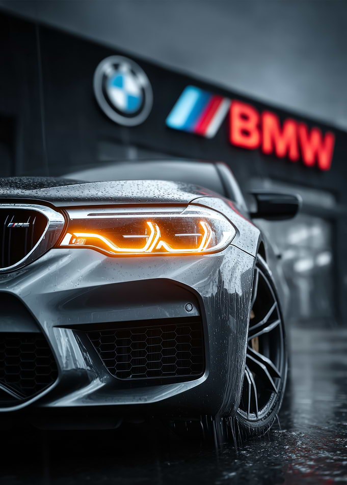 Sleek Gray BMW with Illuminated Headlights
